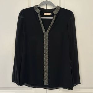 Tory Burch Embellished Black Silk Tunic Blouse, size 2, Sheer Sleeves, Holiday!